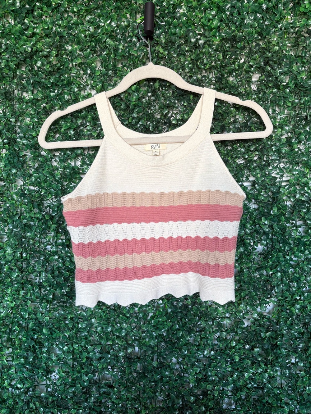 KORI Cream, Pink & Tan Striped Knit Cropped Tank